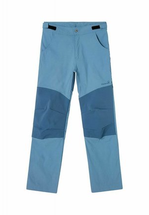 Lyseblå vandrebukser med mørkeblå forstærkede knæpaneler, lommer foran og justerbare taljebånd.