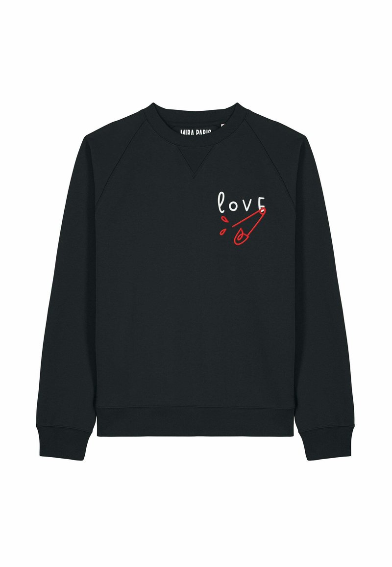 Felpa nera con la scritta "love" e una graffetta rossa stampata sul lato sinistro del petto, collo rotondo e maniche lunghe raglan.