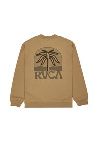 Sweatshirt marron avec un grand graphique de palmier noir et le texte "RVCA" en dessous, des poignets côtelés et un col rond. Matériau en coton doux.