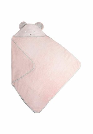 Weiches rosa Babyhandtuch mit Kapuze in Form eines Mausgesichts, mit Ohren und einfachen gestickten Gesichtszügen.