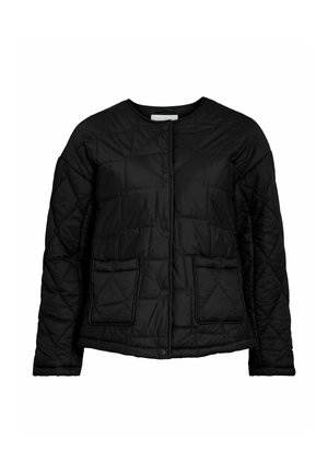 Musta tikattu takki, jossa pyöreä pääntie, painonapit ja kaksi etutaskua. Ominaisuuksiin kuuluu geometrinen ommelkuvio ja rento istuvuus.