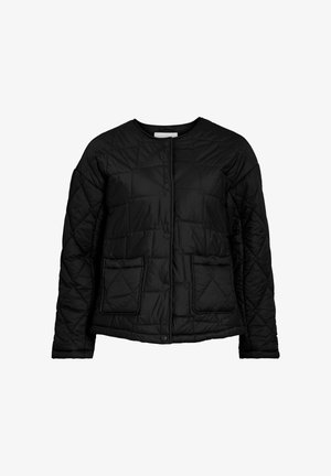 Veste matelassée noire avec un col rond, des boutons-pression et deux poches avant. Présente un motif de couture géométrique et une coupe décontractée.