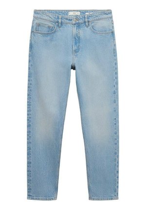Jeans in denim blu chiaro con taglio dritto, cinque tasche e chiusura a bottone. Il tessuto ha una consistenza morbida con leggeri sbiadimenti.
