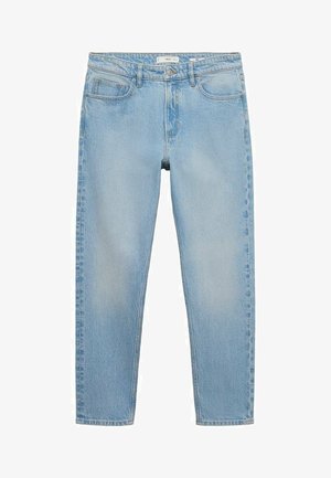 Lichtblauwe denim jeans met een rechte snit, vijf zakken en een knoopsluiting. De stof heeft een zachte textuur met subtiele vervaging.
