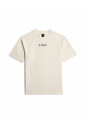 Beige Kurzarm-T-Shirt mit Rundhalsausschnitt und schwarzem Textlogo "G-STAR" zentriert auf der Brust.
