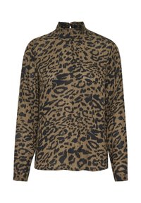Langærmet top med leopardprint i sort på en tan baggrund. Høj krave med en lille åbning bagpå. Glat tekstur.