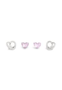 Heart-shaped earrings feature pink faceted stones with silver-tone metal accents. The design includes cut-out heart details for added texture.
