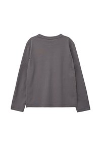 Langarmshirt aus dunkelgrauer Baumwolle. Glatte Textur, Rundhalsausschnitt, gerader Schnitt, mit minimalen Nähten und ohne sichtbares Branding.