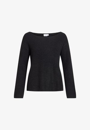 Pull noir en maille côtelée avec un large col bateau et des manches longues. La texture du tissu est douce avec une silhouette légèrement ajustée.