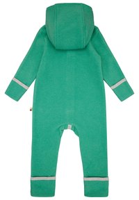 Completo in pile verde con cappuccio, maniche lunghe, dettagli riflettenti sui polsini e una cerniera sul retro. Tessuto morbido, design funzionale.