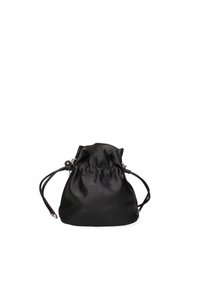 Borsa a tracolla nera in pelle con una texture morbida, forma arrotondata, spalline regolabili e parte superiore arricciata. Nessun dettaglio hardware visibile.