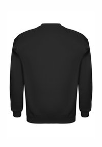 Sort sweatshirt med rund halsudskæring, lange ærmer, ribstrikkede manchetter og kant. Glat overflade, ingen synlige mønstre eller hardware detaljer.