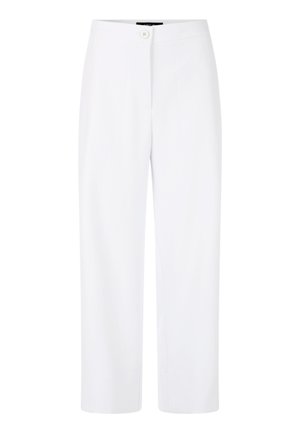 White high-waist straight-leg pants with a front button and hidden zipper closure, set against a plain background.