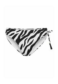Czarnobiały biustonosz bikini w wzór zebry o gładkim wykończeniu, z bocznym wiązaniem z akcentem w postaci frędzla. Zaprojektowany dla idealnego dopasowania.