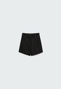 Černé šortky vyrobené z texturované látky s vysokým pasem, s předním zapínáním na knoflík a čtyřmi dekorativními knoflíky na boku.