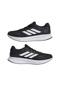 Black athletic shoes with a textured mesh upper, white three-stripe design, padded collar, Cloudfoam cushioning, and a rubber outsole.