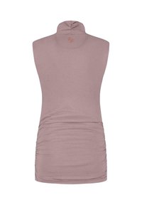 Débardeur sans manches en mauve, avec un col montant et des détails froncés sur les côtés. Tissu doux et extensible qui offre une silhouette ajustée.