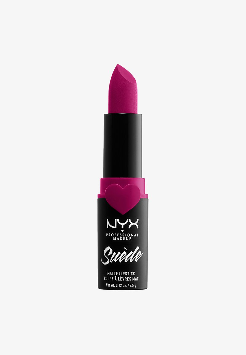 Mat læbestift i lys magenta farve med sort tube og pink hjerte detalje med etiketten NYX Professional Makeup Suede.