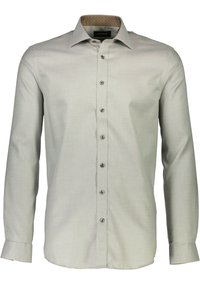 Hellgraues Longsleeve-Hemd mit strukturiertem Muster, durchgehender Knopfleiste und einfachen Manschetten. Bemerkenswertes internes Kragen-Detail in einem geometrischen Design.
