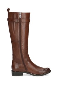 Bota de cuero marrón hasta la rodilla con cremallera lateral, diseño elegante, suela plana y costuras decorativas en el caño. Textura suave en toda la bota.