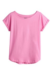 Short-sleeve pink t-shirt with a round neckline and slightly curved hem, displayed on a white background.