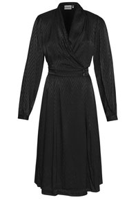 Musta kietaisumekko teksturoidusta kankaasta, jossa on pitkät hihat, V-pääntie ja leveä vyötärö. Mekossa on viirukuvio ja nappikoristeet.