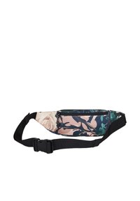 Floral print fanny pack featuring a nylon material, black adjustable strap, and a zippered pocket on the front in pink and blue hues.