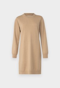 Abito lungo a maniche con scollo rotondo in beige, con polsini a coste e vestibilità rilassata, che termina appena sopra il ginocchio con una texture sottile.
