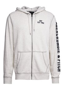 Hellgrauer Kapuzenpullover mit Reißverschluss aus weichem Sweatshirtstoff. Mit Fronttaschen, Kordelzugkapuze und schwarzem Text am Ärmel.
