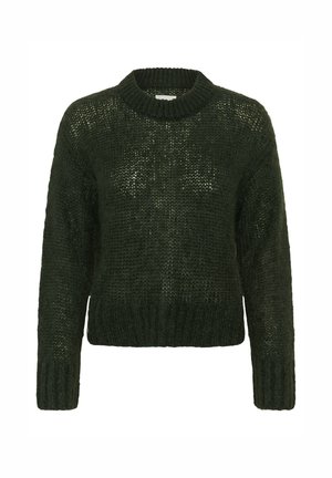 Donkergroene gebreide trui met een ronde halslijn, lange mouwen en een geribde zoom. Het gestructureerde materiaal heeft een open geweven patroon.