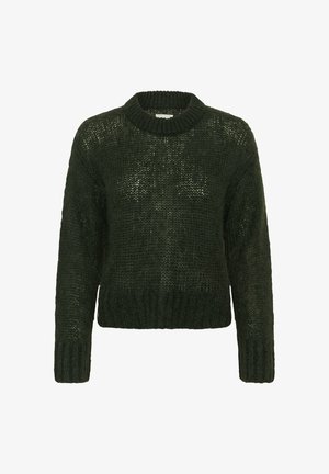 Tume-rohelisest kootud kampsun ümara kaelusega, pikkade varrukate ja soonikkoes äärega. Textuuriga materjalil on avatud kootud muster.