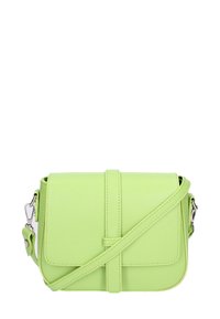 Borsa a tracolla verde in pelle con chiusura a patta, tracolla regolabile, superficie testurizzata e dettagli in metallo argentato.