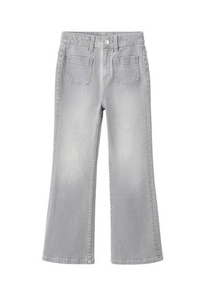 Jean en denim gris clair avec jambes larges, bouton sur le devant, passants de ceinture et deux poches plaquées à l'avant.