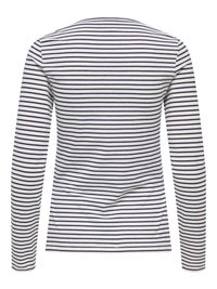 Langærmet top med rund hals, der har en hvid base og marineblå vandrette striber. Fremstillet af blød bomuld med en glat tekstur.