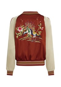 Red satin bomber jacket with cream sleeves, featuring intricate embroidered birds and flowers on the back, ribbed cuffs and hem.
