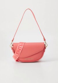 Pink leather shoulder bag with a curved shape, gold hardware, and a prominent VALENTINO logo on the front. Adjustable strap included.