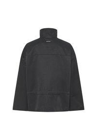 Čierna bunda s dlhým rukávom zobrazená zozadu, s vysokým golierom a malou nálepkou "W.EDITION" v hornej časti uprostred.