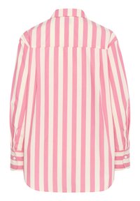 Pink and cream striped long-sleeve shirt with a button-down collar and cuffs, featuring a straight hem and smooth texture.