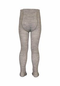 Grå strikkede leggings med høj talje, der har en glat tekstur og et tætsiddende design, der smalner ind ved anklerne.