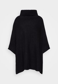 Czarny ponczo z wysokim, prążkowanym kołnierzem, wykonane z miękkiego materiału. Posiada szerokie rękawy i luźny, oversize'owy krój dla wygody.