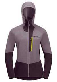 Lightweight, hooded jacket in muted purple and dark purple sections. Features a front zipper, chest pocket with neon green zipper, and logo.
