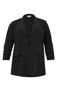 Zwarte blazer met een ontspannen pasvorm, driekwartmouwen, voorzakken en een reverskraag. Soepele, lichte stof zonder sluitingen.
