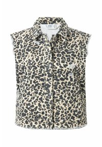 Leopardmönstrad denimväst med krage, korta ärmar och fransad fåll. Har framknappstängning och två bröstfickor.
