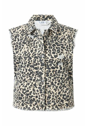 Leopardprint denim vest met een kraag, korte mouwen en een versleten zoom. Voorzien van een knoopsluiting aan de voorkant en twee borstzakken.