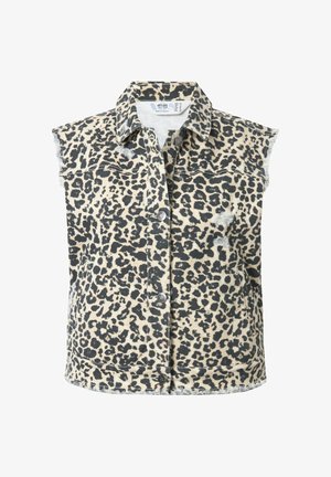 Leopardprint denim vest met een kraag, korte mouwen en een versleten zoom. Voorzien van een knoopsluiting aan de voorkant en twee borstzakken.