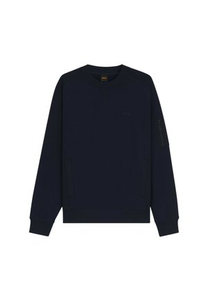 Navy blue sweatshirt with ribbed cuffs and neckline. Features side pockets and a zip pocket on the sleeve. Smooth texture, minimal branding.