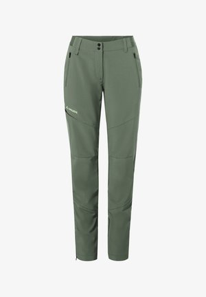 Pantaloni outdoor verde realizzati in materiale leggero, con un design aderente, tasche laterali e inserti a contrasto.