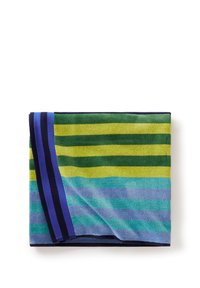 Asciugamano a strisce multicolori con bande orizzontali di verde, giallo e blu, con un bordo blu scuro e una superficie testurizzata.