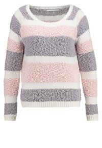 Pull en maille à manches longues avec des rayures horizontales texturées roses, grises et blanches et un col rond.