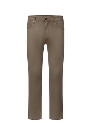 Braune Hose mit geradem Schnitt, vorderem Knopf und Reißverschluss, vorderen und Münztaschen sowie sichtbaren Nahtdetails.